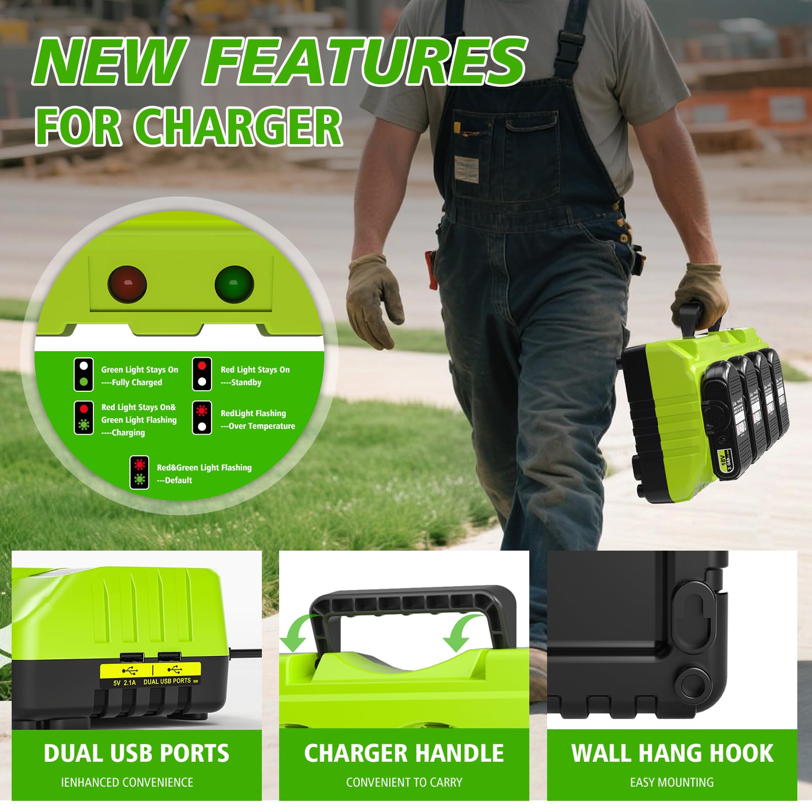 Lomrige 4-port charging station for Ryobi ONE+ batteries with clear LED indicators.