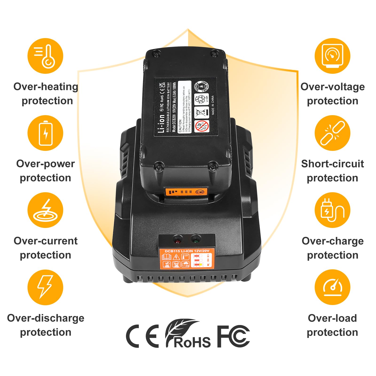Lomrige battery compatibility with DCB200 and DCB120 for versatile DeWalt tools.