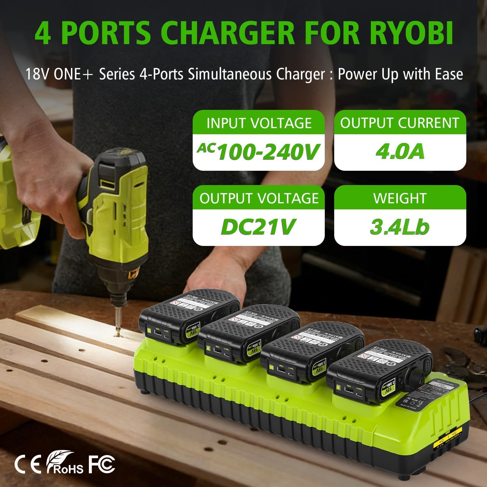 Lomrige Ryobi 18V ONE+ charger multi-port design speeds up battery recharges.