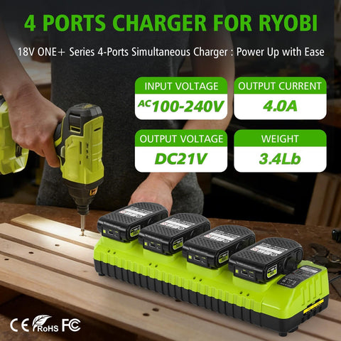 Lomrige Ryobi 18V ONE+ charger multi-port design speeds up battery recharges.