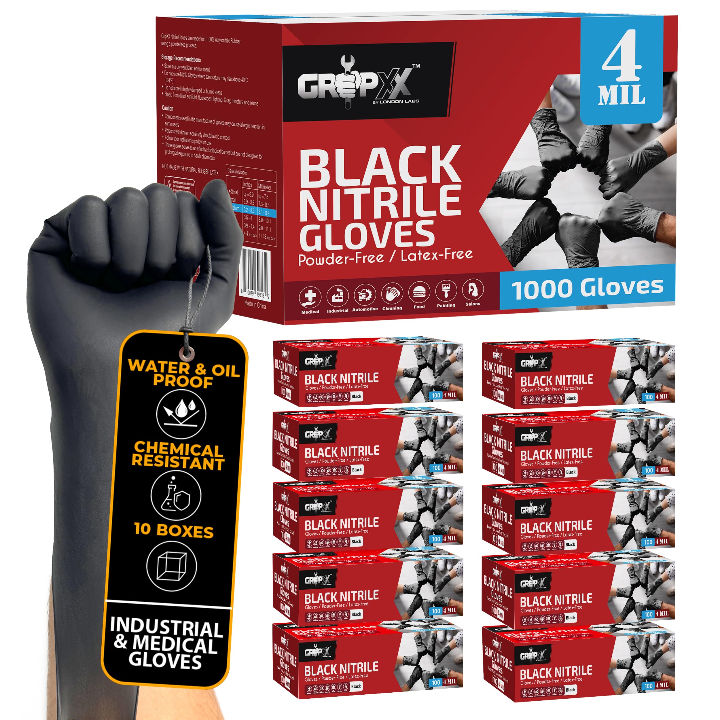London Labs black nitrile gloves 4mil pack for durable protection and quick disposal.