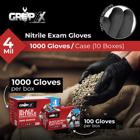 London Labs grip-focused black nitrile gloves close-up showing tactile grip.