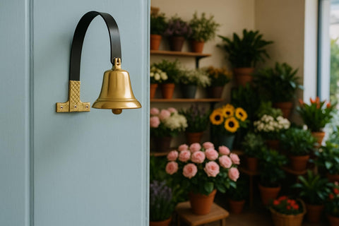 Lone Star Art Shopkeeper Bell brass in entryway delivers welcoming notifications.