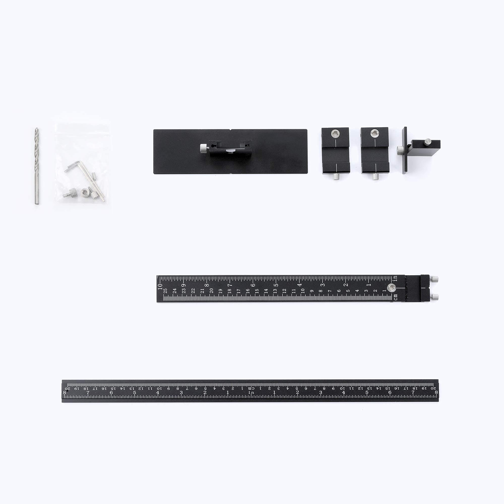Lonfu cabinet jig includes durable case-hardened bushings for many holes.