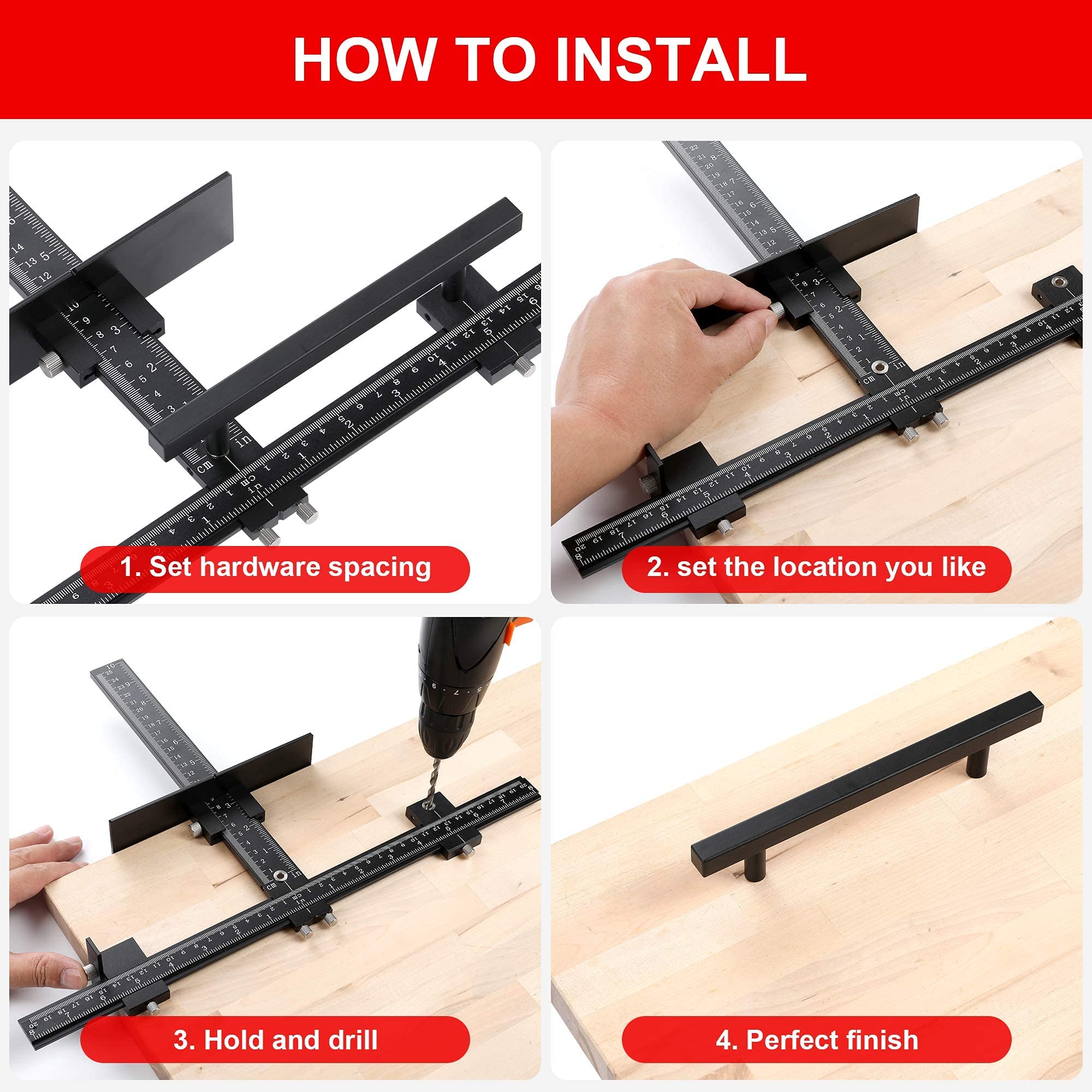 Lonfu versatile jig adjusts drilling distance for various handle sizes.