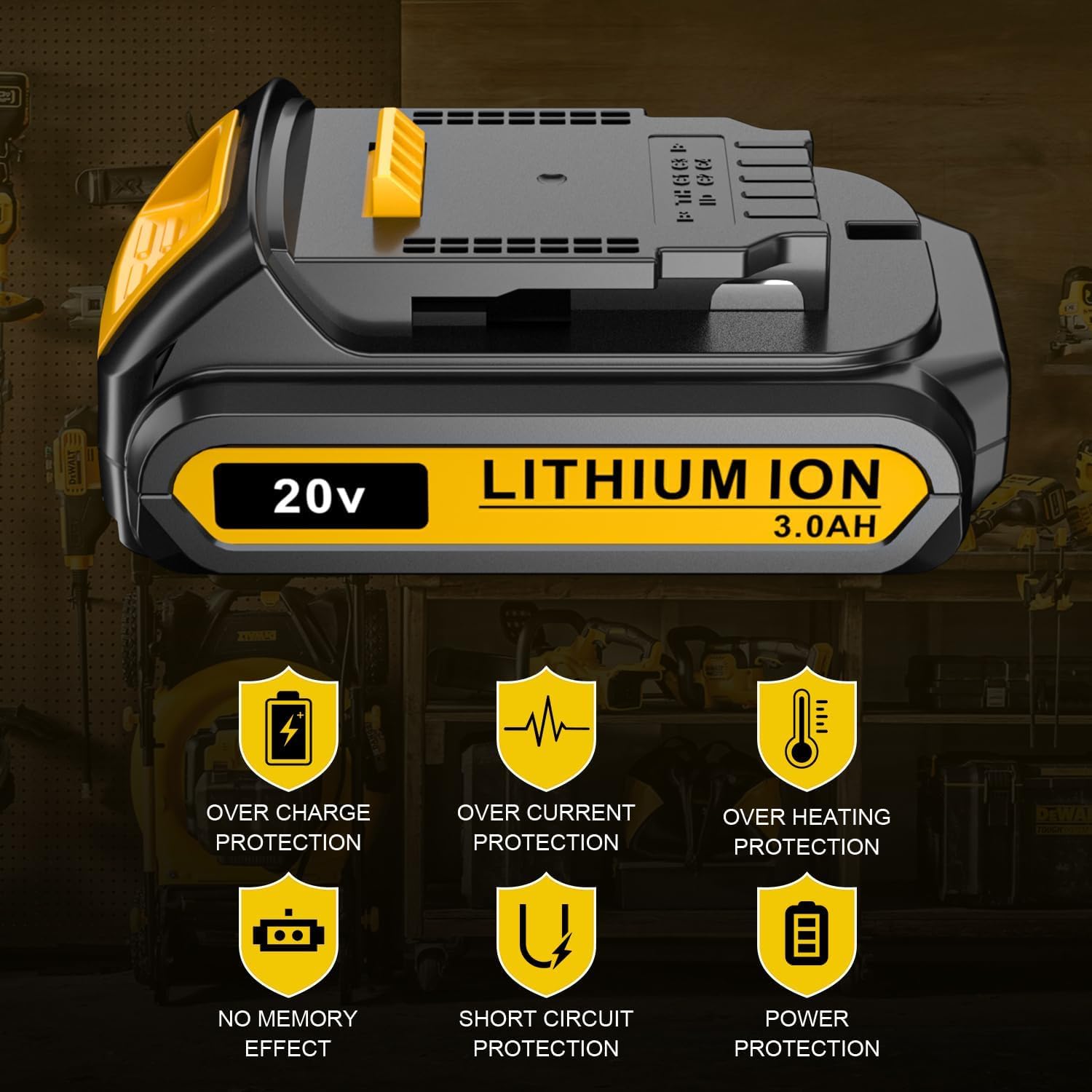 LONG FIT battery pack label on Dewalt 20V 3.0Ah for reliability.