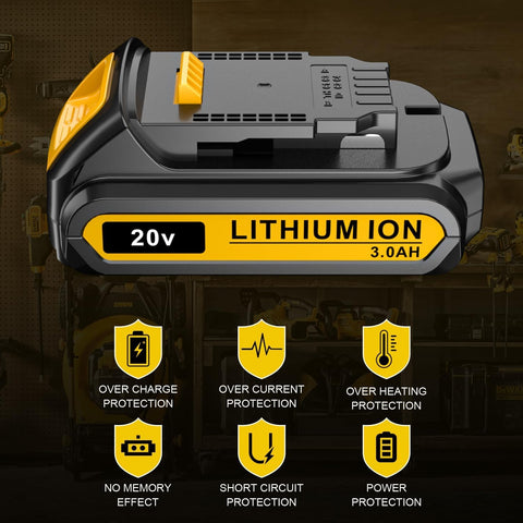 LONG FIT battery pack label on Dewalt 20V 3.0Ah for reliability.