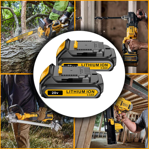 LONG FIT two-pack replacement battery set ready for Dewalt tools.
