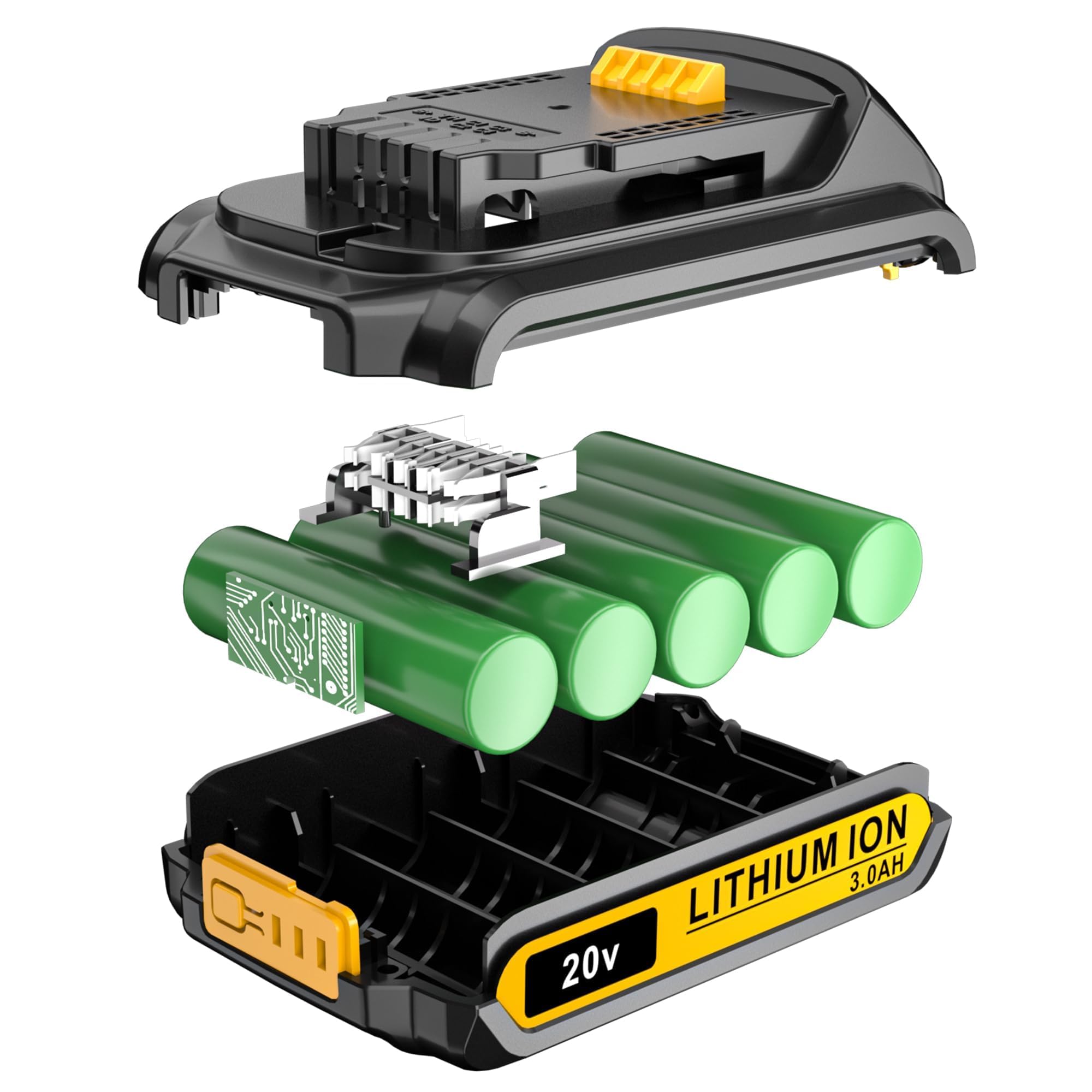 LONG FIT replacement Dewalt 20V battery pack 3.0Ah, side panel with safety features.
