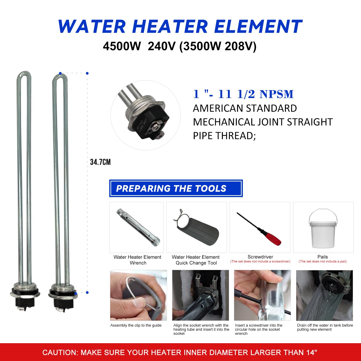 Long Term EWH-05 4500W 240V element ready for fast hot water.