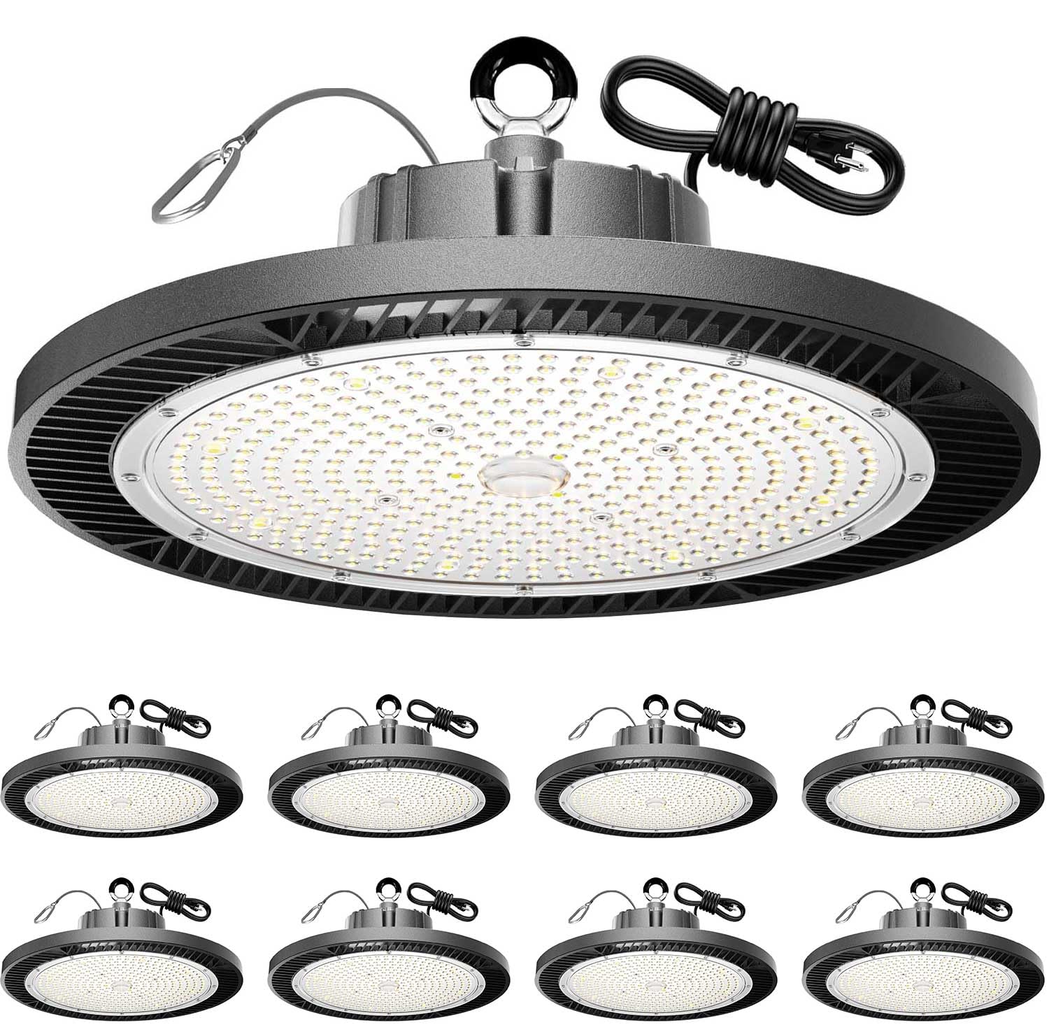Longlux 200W UFO LED high bay light front view for bright warehouse illumination