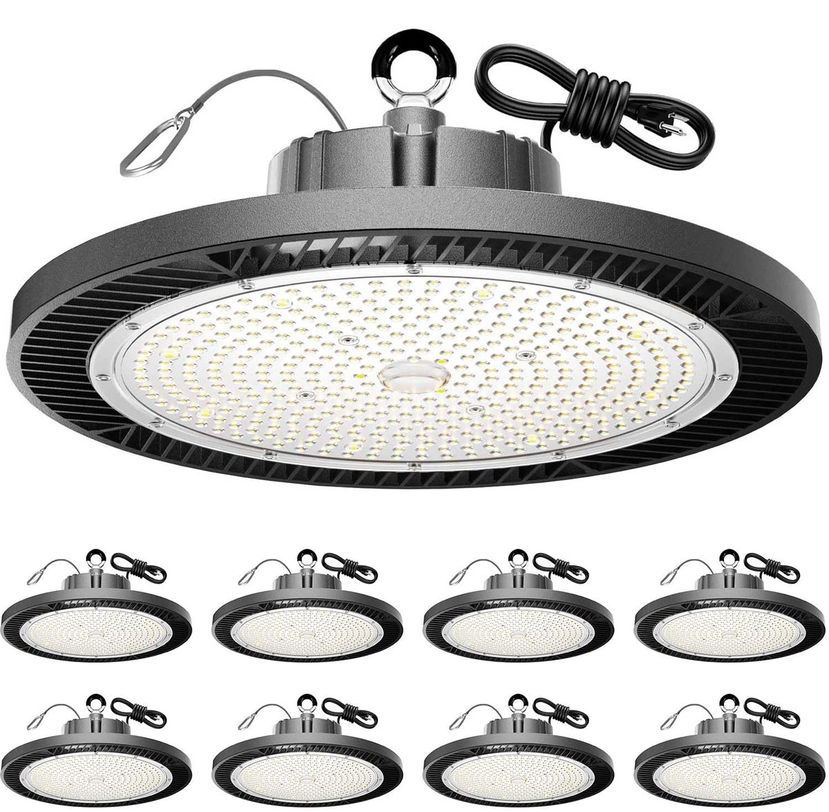 Longlux 200W UFO LED high bay light front view for bright warehouse illumination