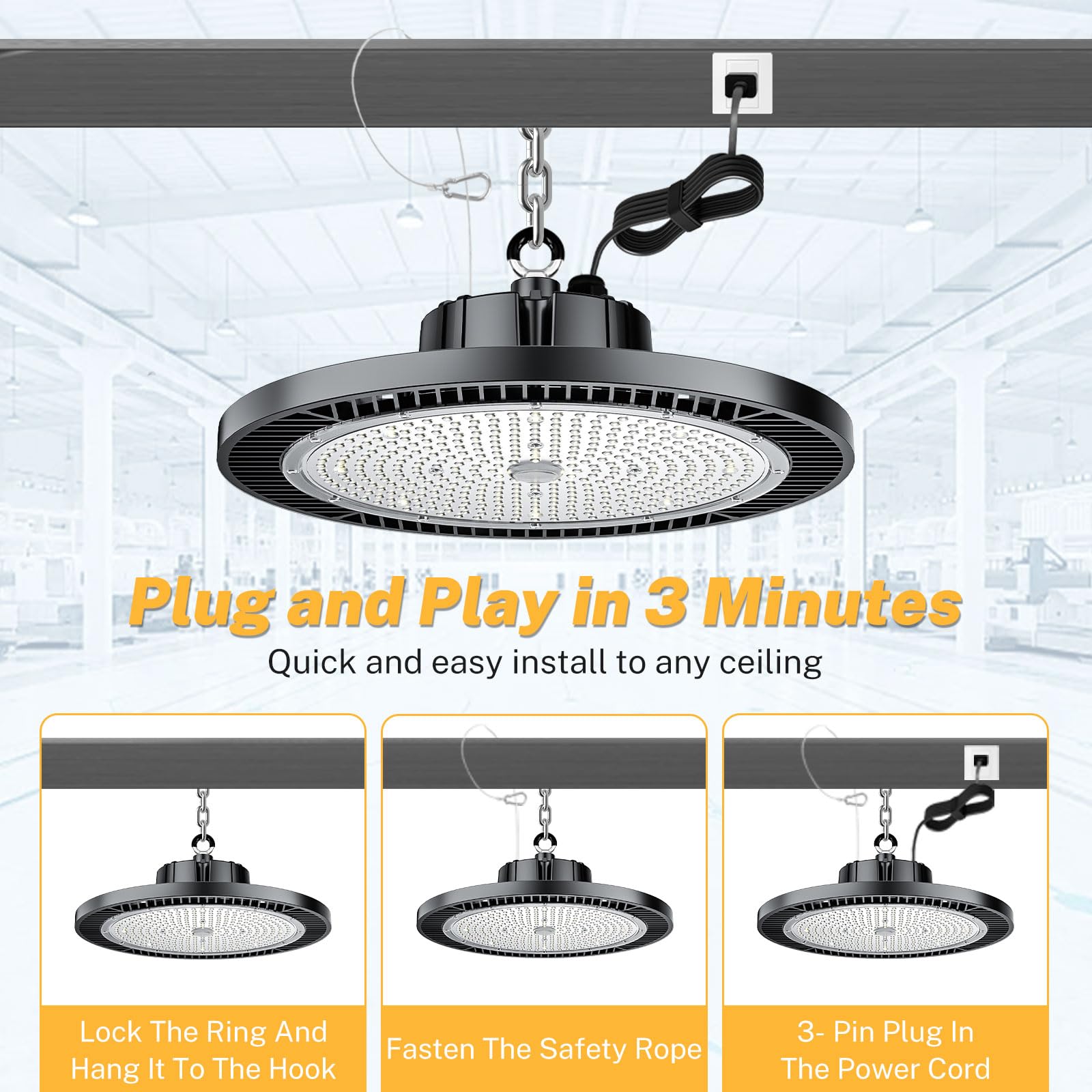 Longlux 200W UFO LED high bay light in workshop setting for bright tasks