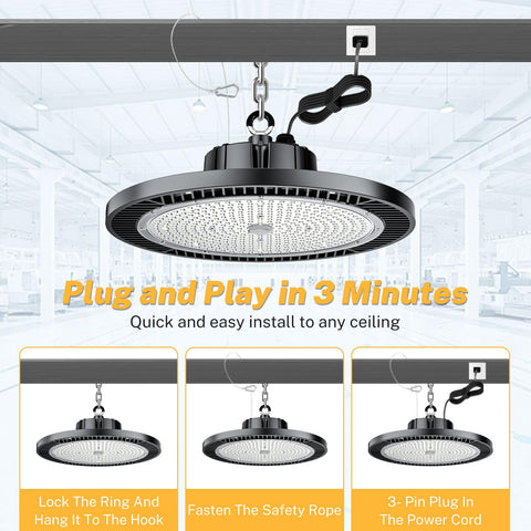 Longlux 200W UFO LED high bay light in workshop setting for bright tasks