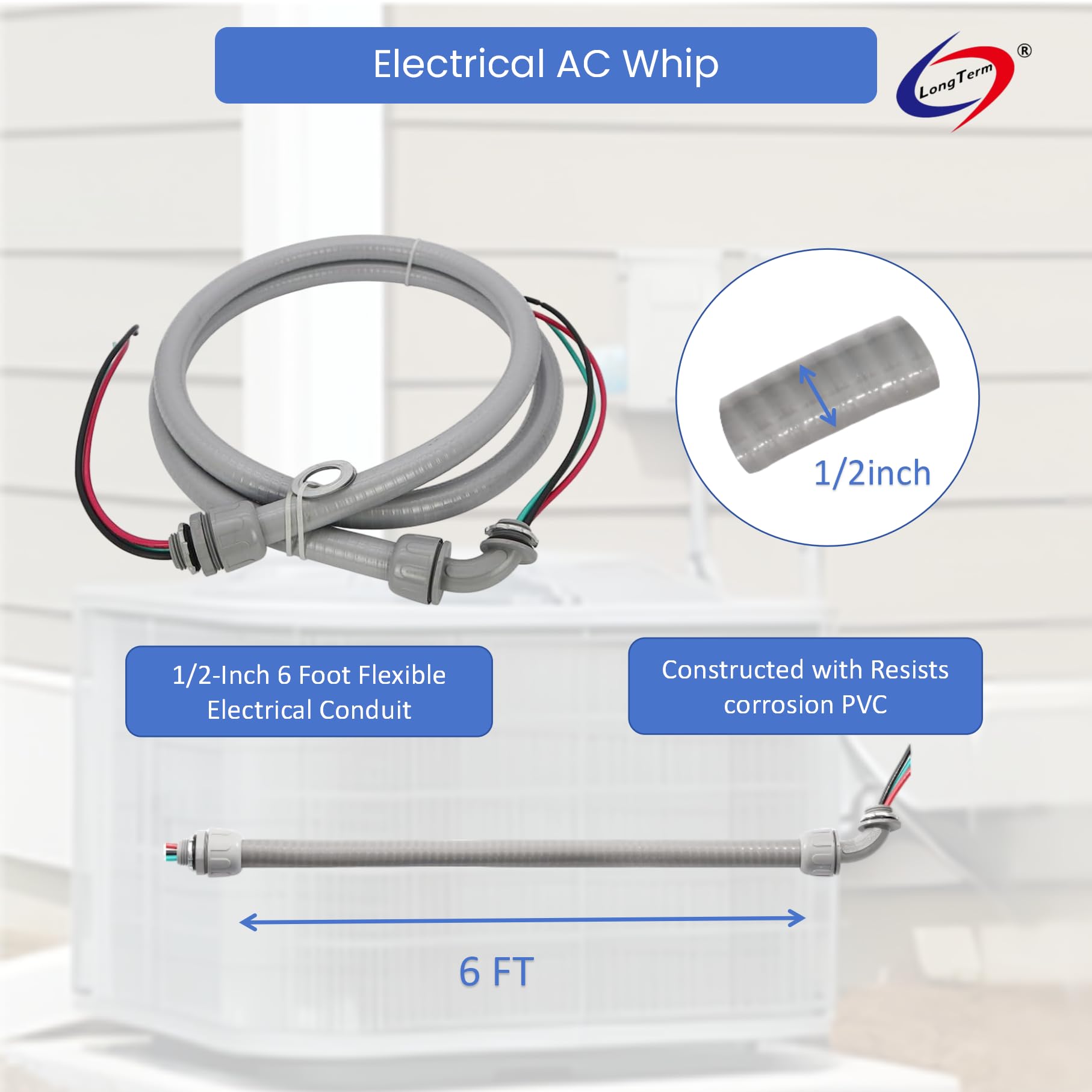 Long Term AC whip assembly 10-gauge wire color-coded for simple wiring