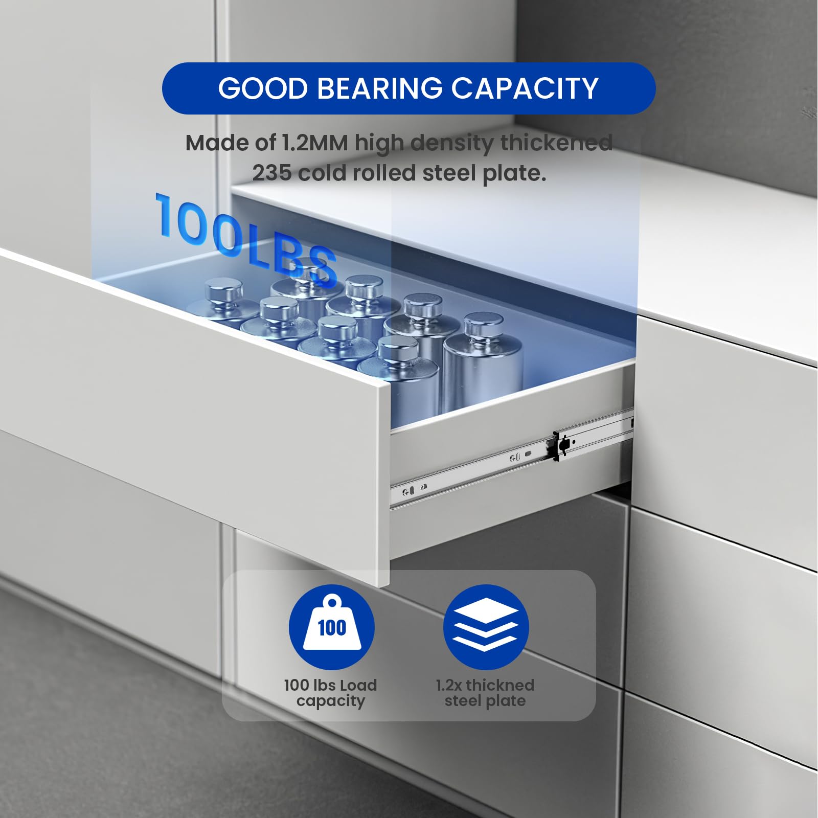LONTAN 100lb capacity drawer glide supports heavy loads with stability