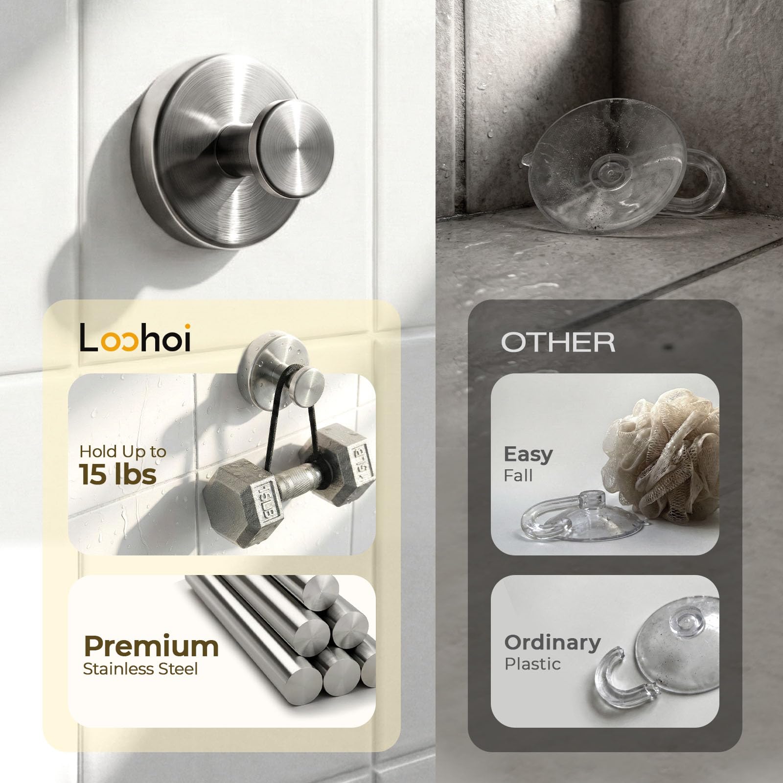 LOOHOI nonporous surface hook – reliable on tiles and mirrors.
