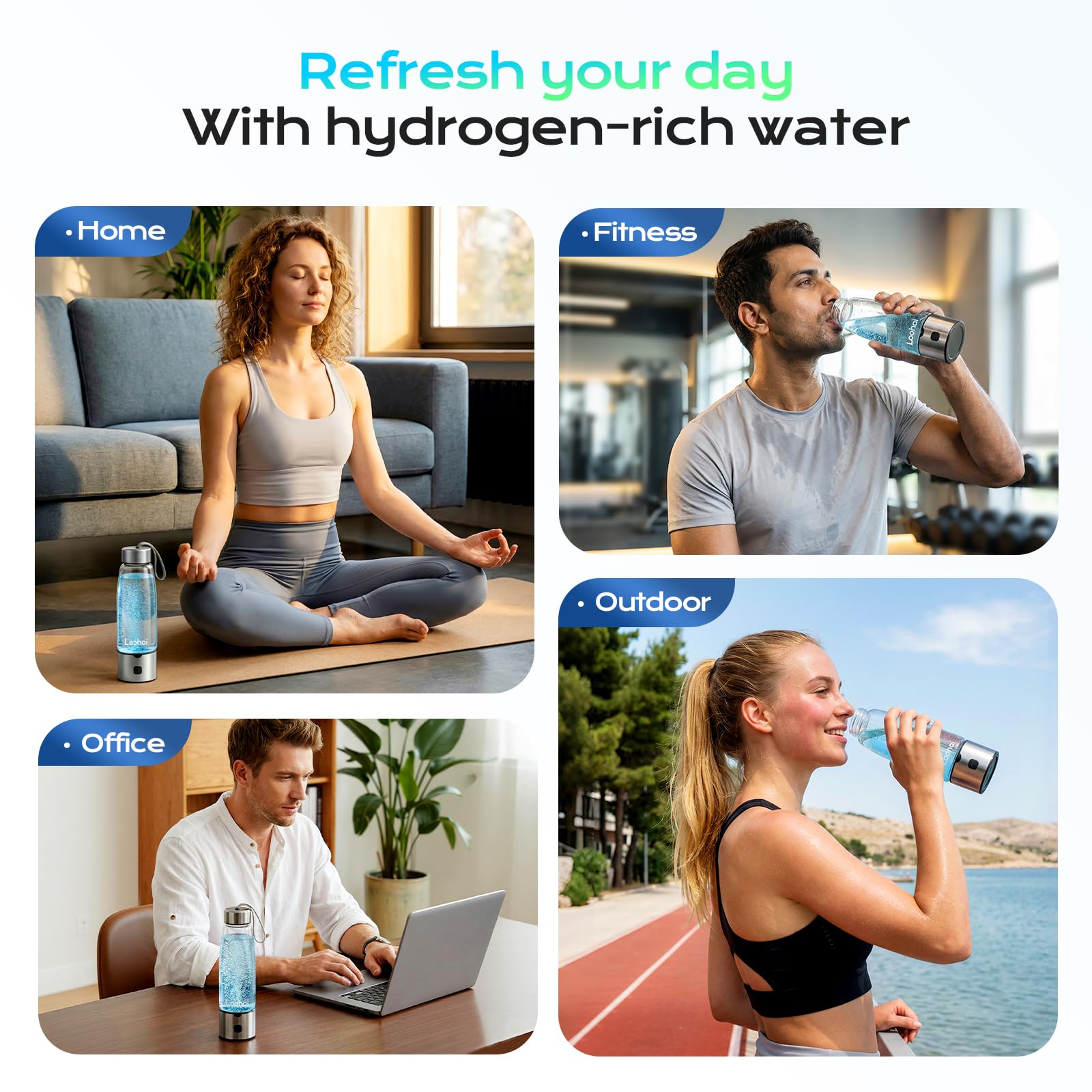 LOOHOI Hydrogen Water Bottle borosilicate-glass-body highlights heat resistance and easy cleaning.