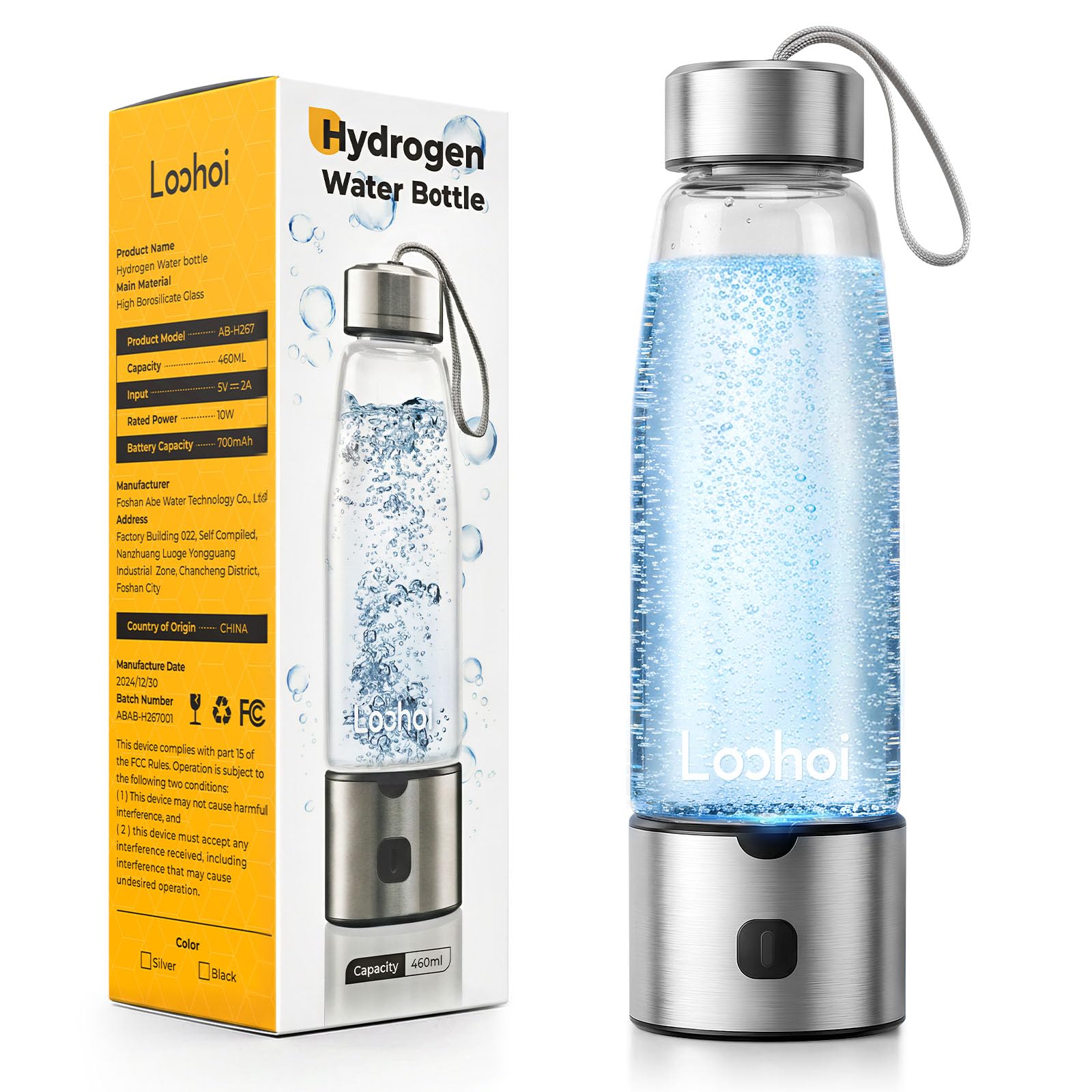 LOOHOI Hydrogen Water Bottle front view showing portable design for on-the-go hydration.