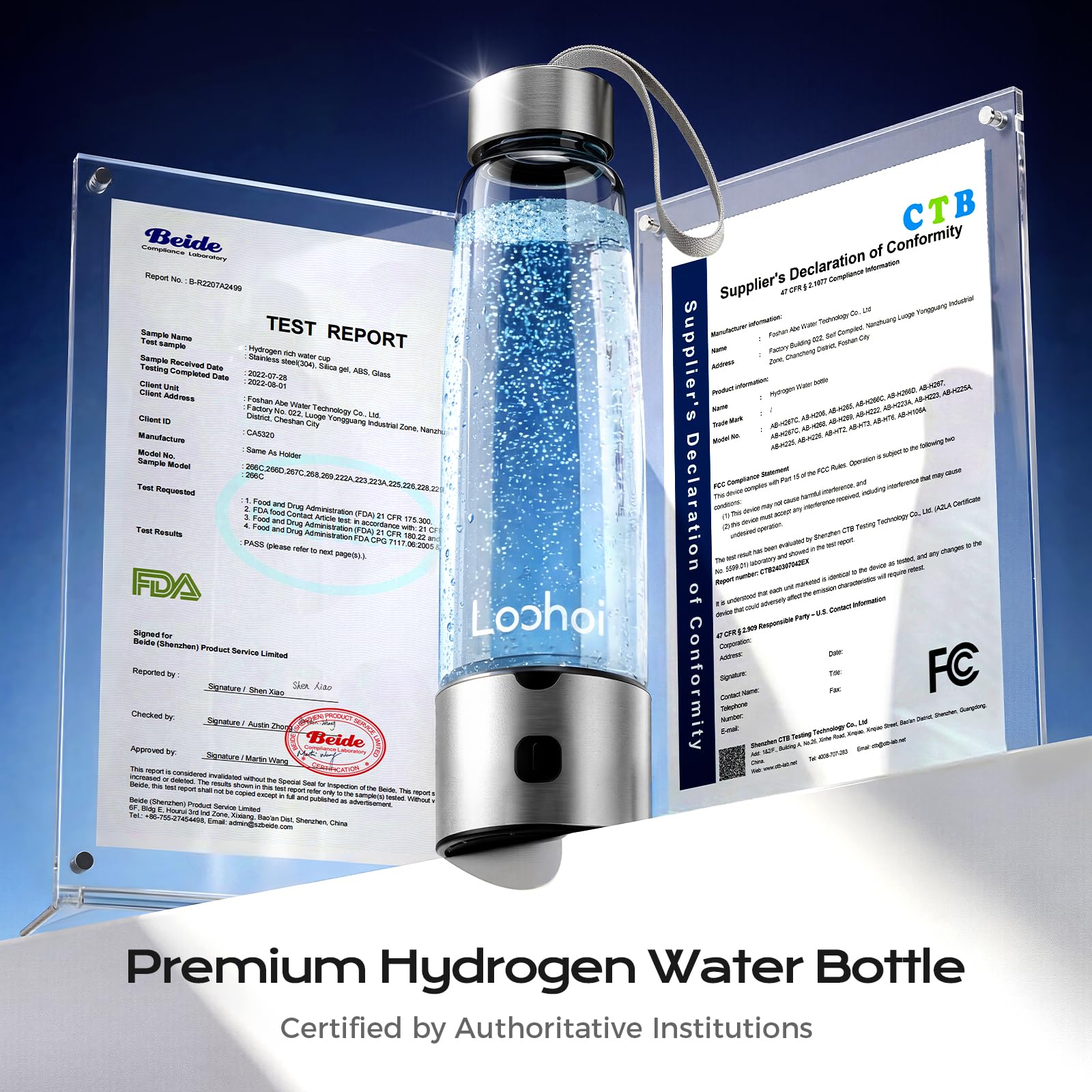 LOOHOI Hydrogen Water Bottle inside reservoir reveals durable glass and stainless steel, odor-free design.