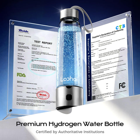 LOOHOI Hydrogen Water Bottle inside reservoir reveals durable glass and stainless steel, odor-free design.