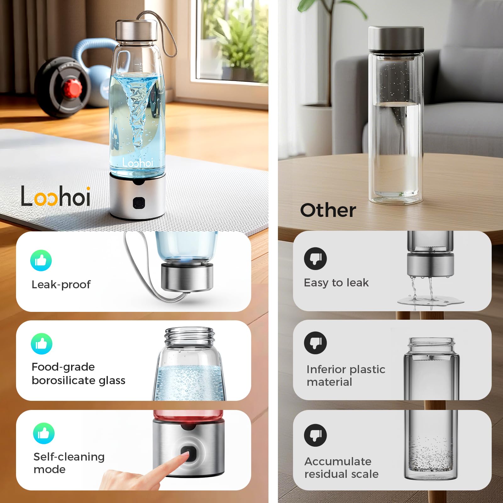 LOOHOI Hydrogen Water Bottle recharge-port view emphasizes USB charging for travel-time convenience.