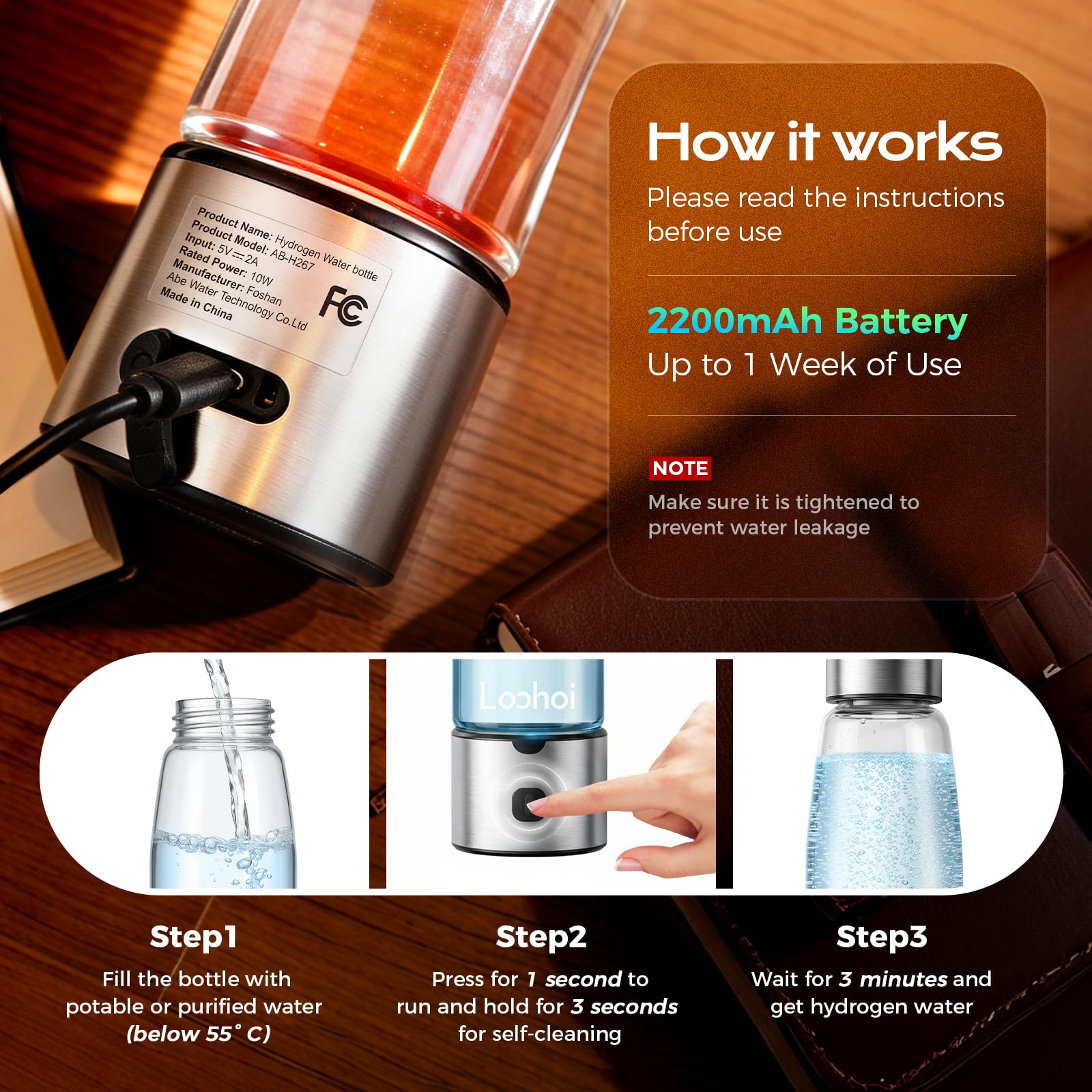 LOOHOI Hydrogen Water Bottle stainless-steel-cap focuses on secure, spill-free use.