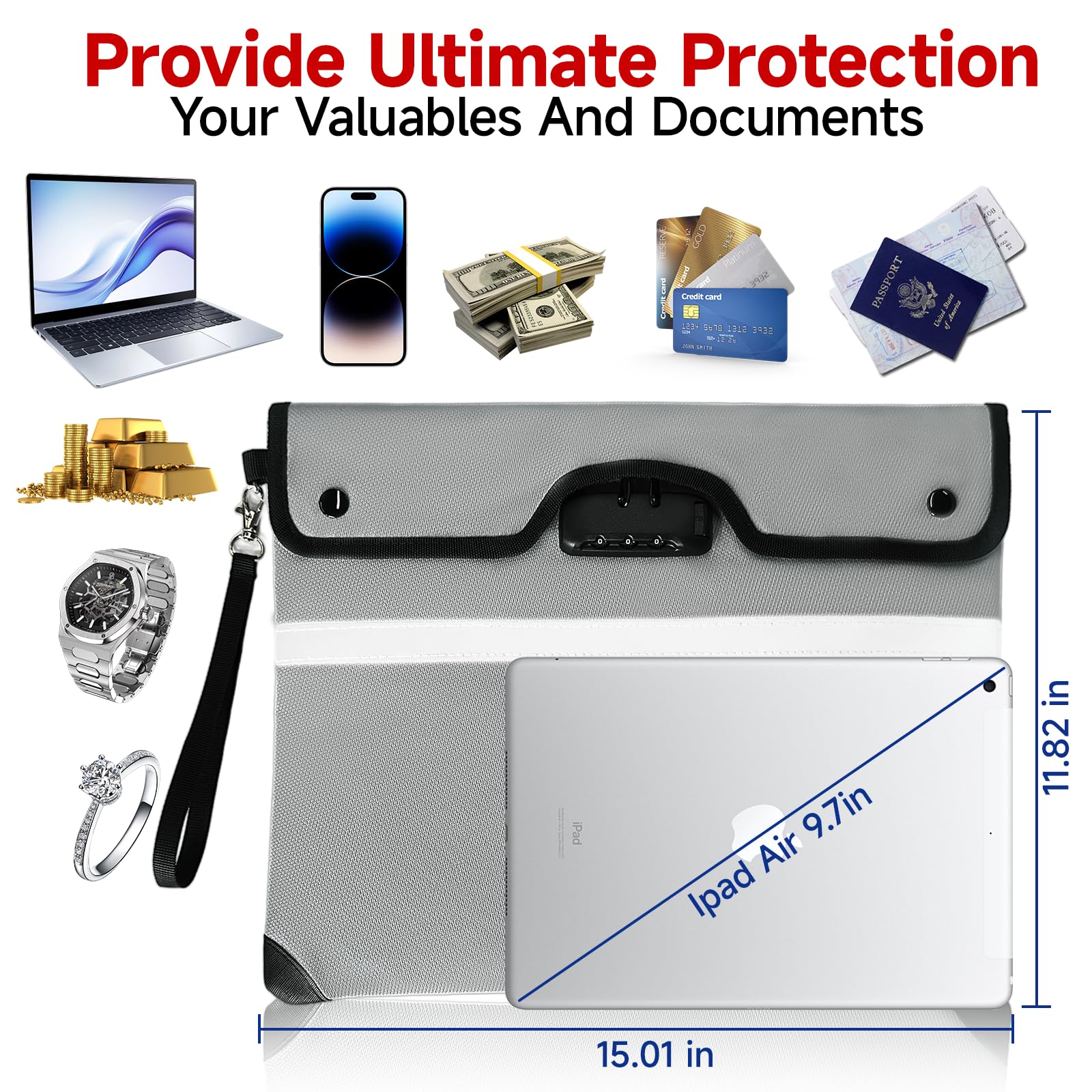 Loorow fireproof bag lock closeup highlights three-digit security for documents.