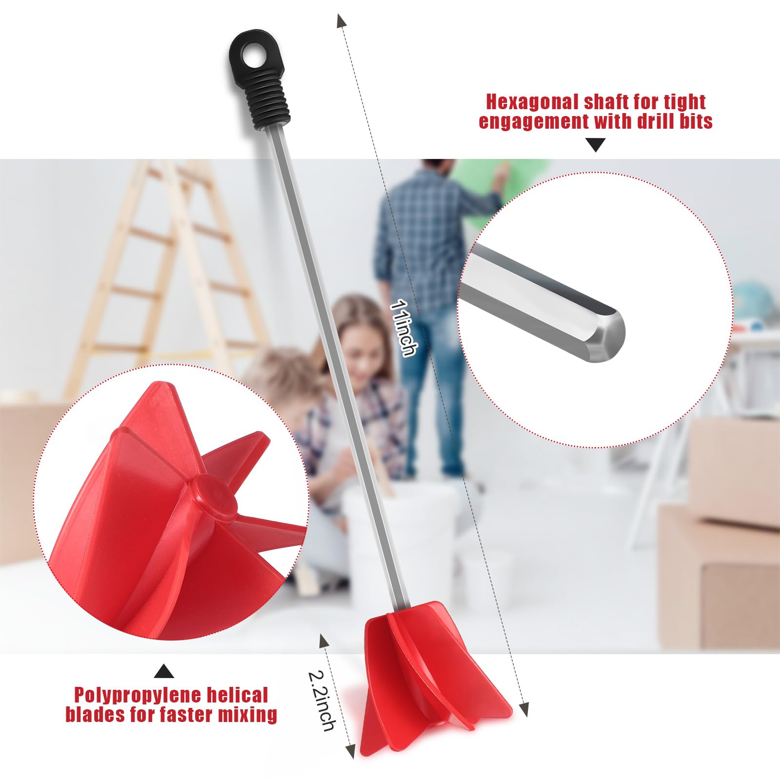 Loosh drill stirrer with hex shaft, secure attachment for steady mixing.