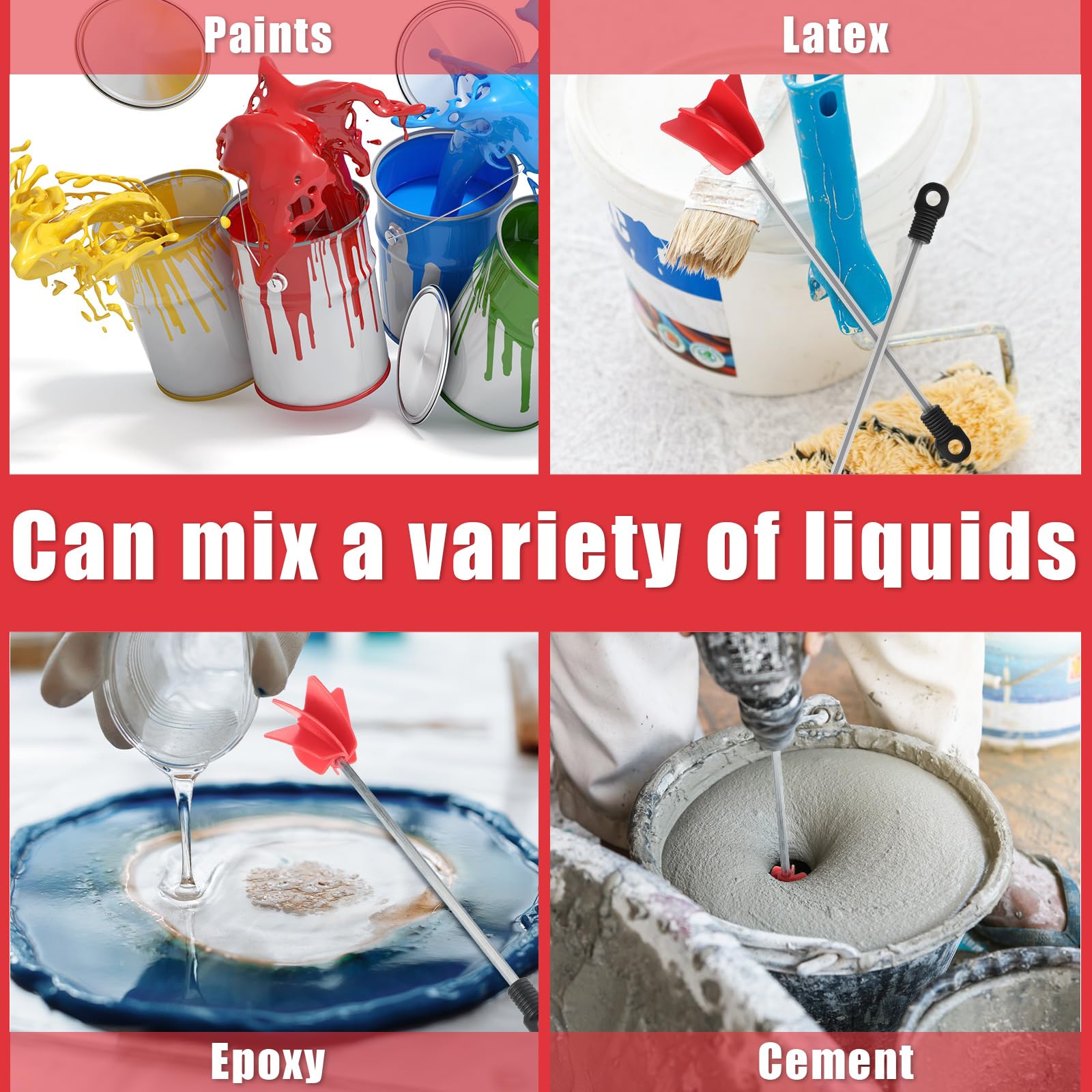 Loosh red paint stirrer with hex shaft, reduces air bubbles during mixing.