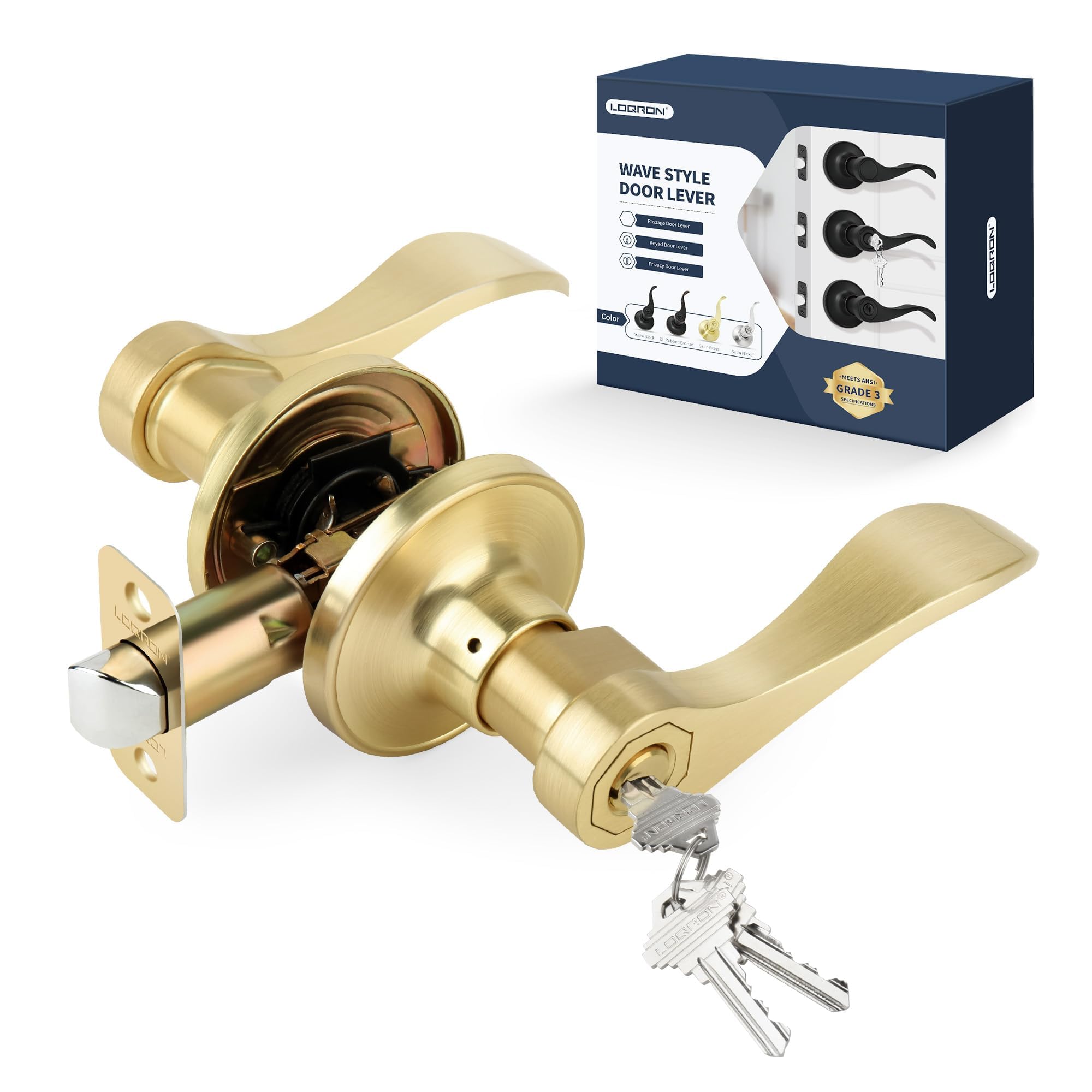 LOQRON Wave Style gold door handle front view showing elegant entry design