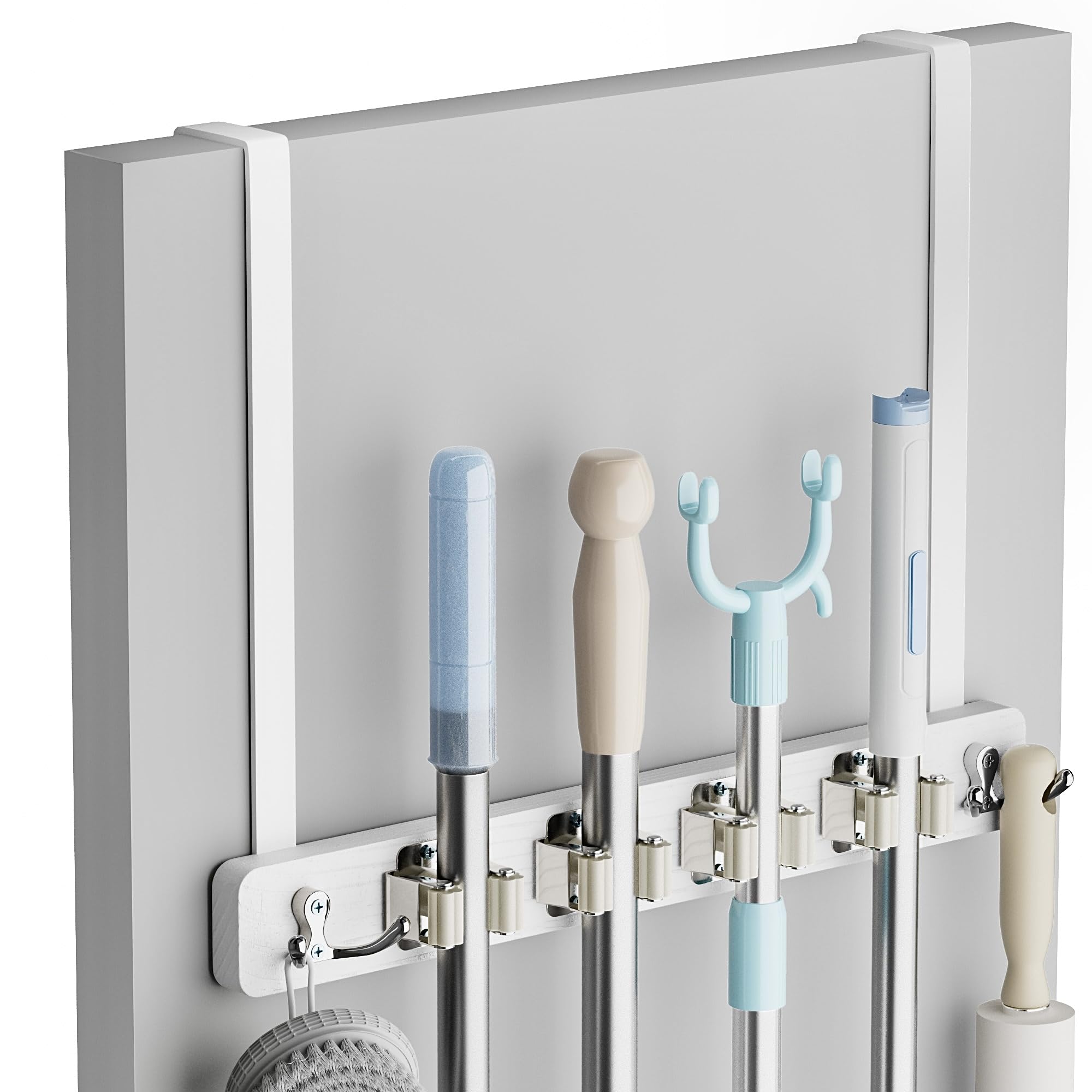 Lorbro broom holder door mount over the door keeps brooms organized without wall damage.