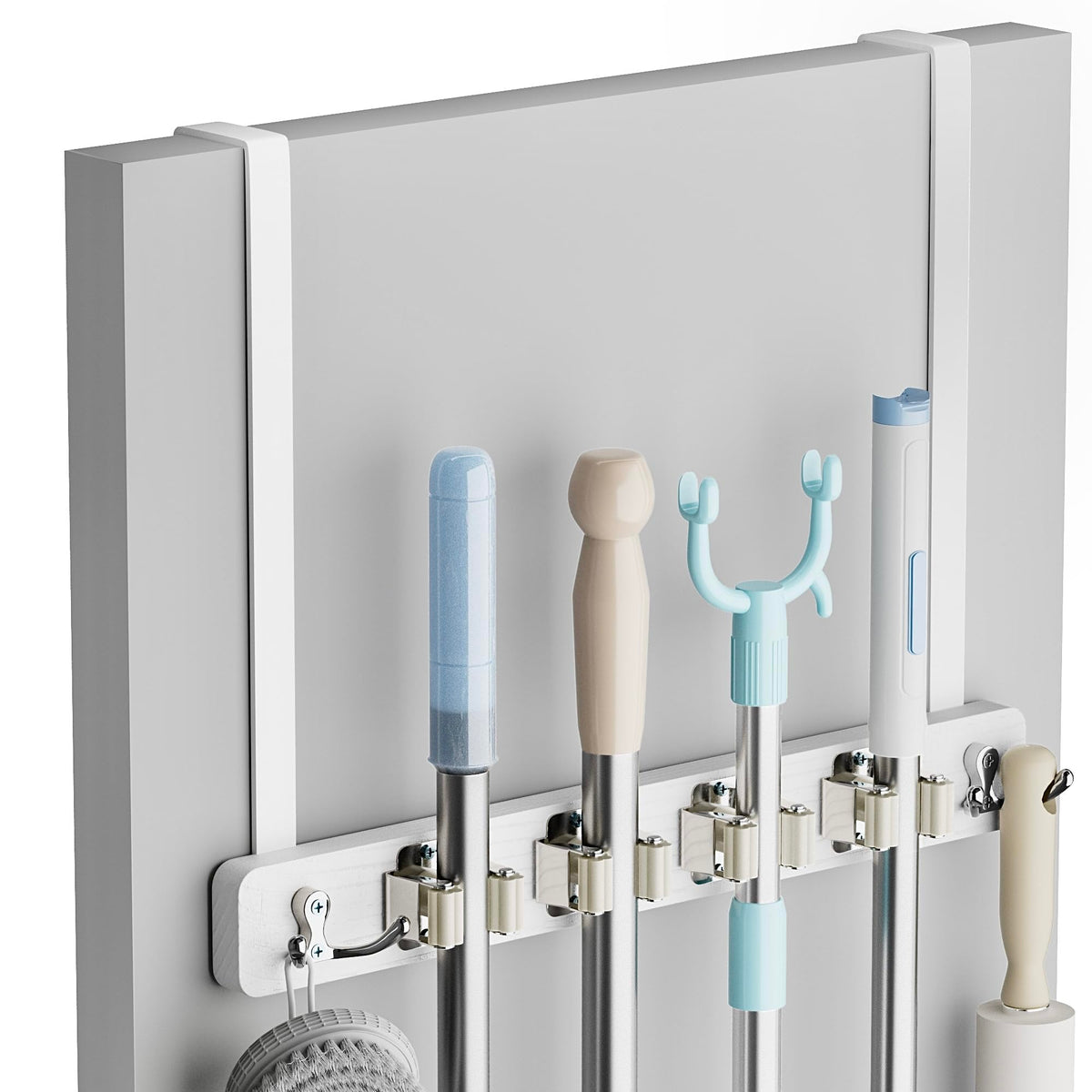 Lorbro broom holder door mount over the door keeps brooms organized without wall damage.