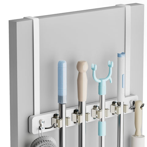 Lorbro broom holder door mount over the door keeps brooms organized without wall damage.