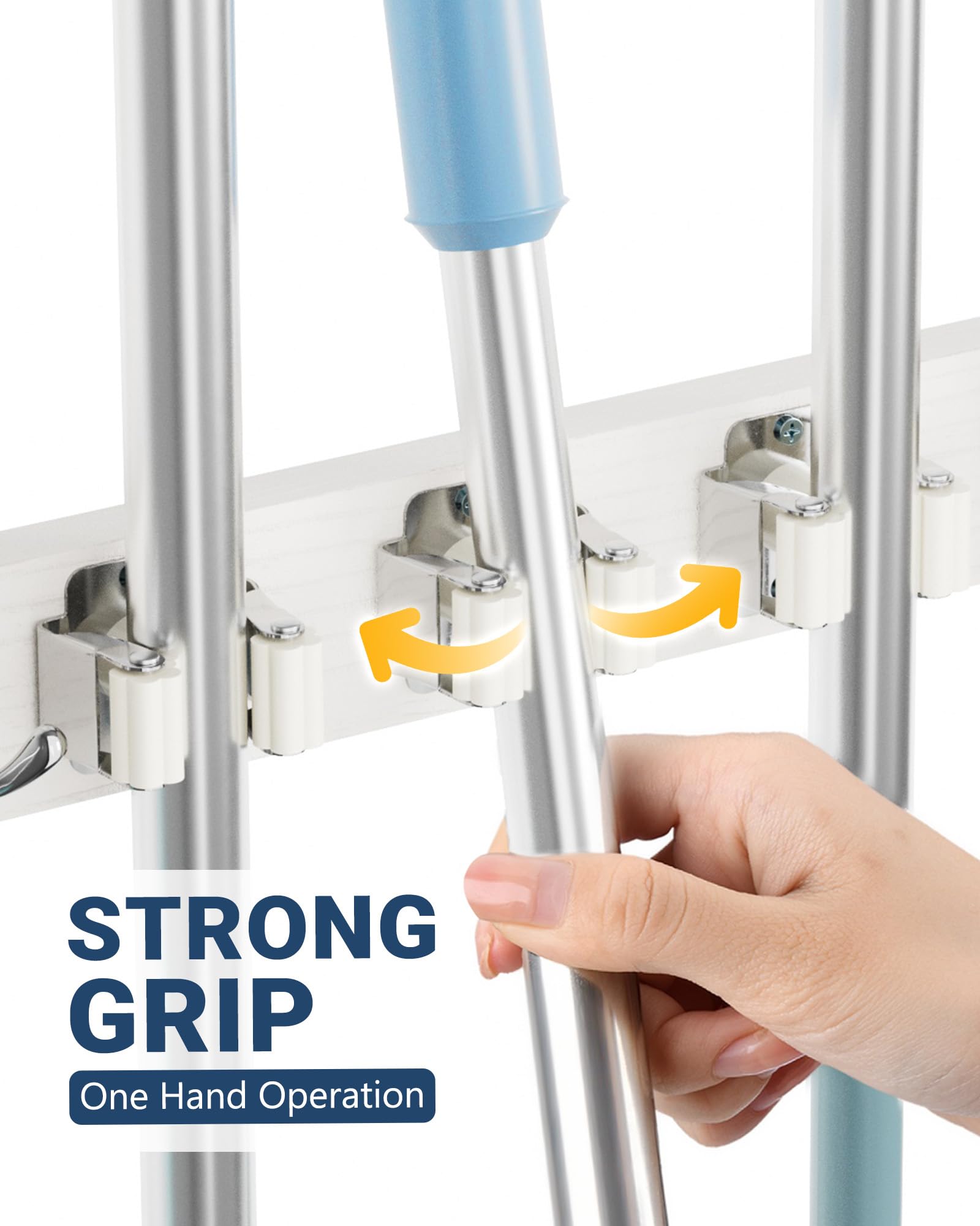 Lorbro mop and broom rack with four slots and four hooks for organized storage.