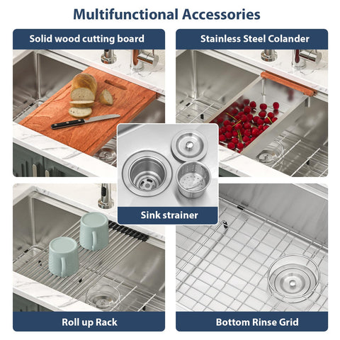 Accessories pack including cutting board, roll-up rack, and colander.