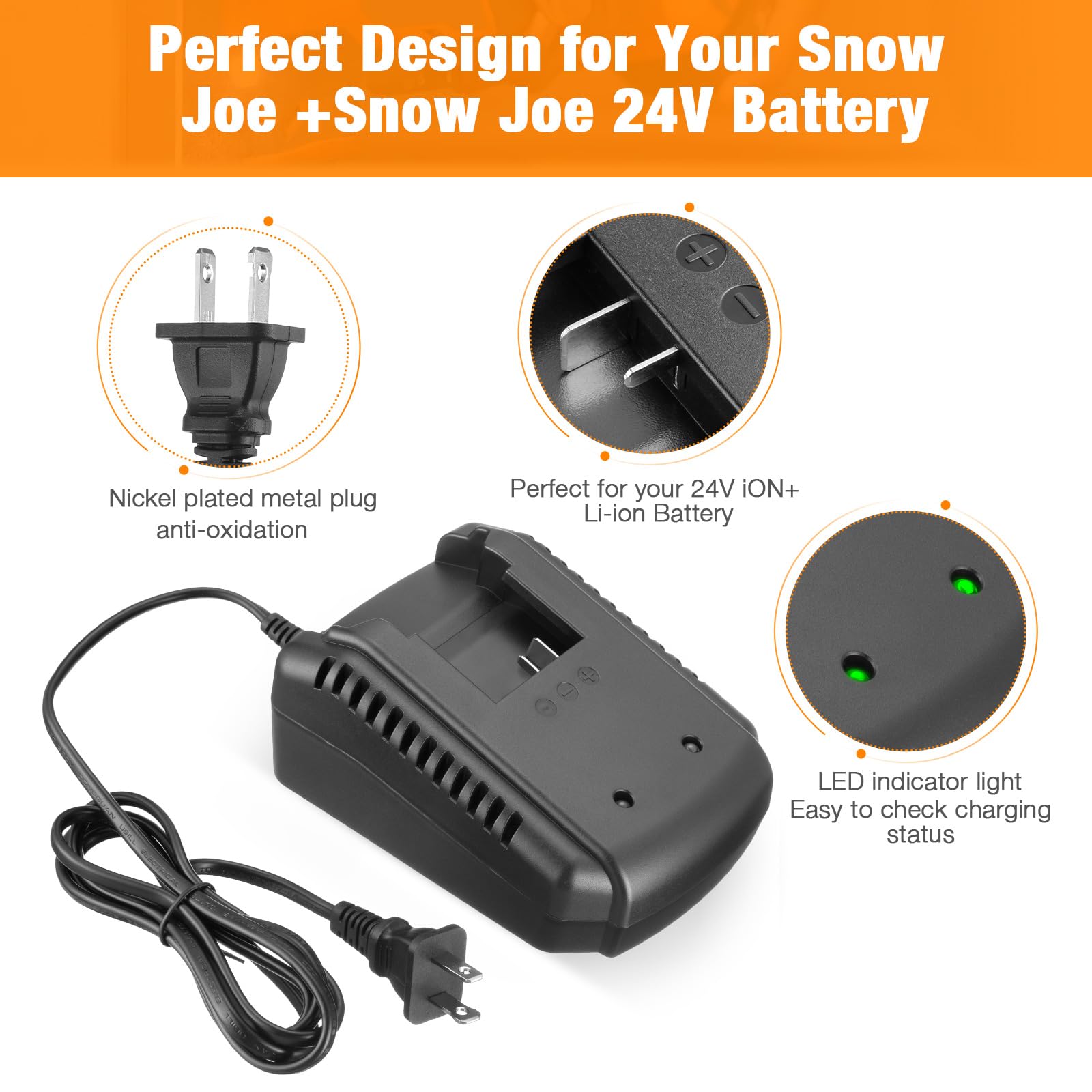 Lordone docking station shows compatibility with Sun Joe and Snow Joe 24V batteries.