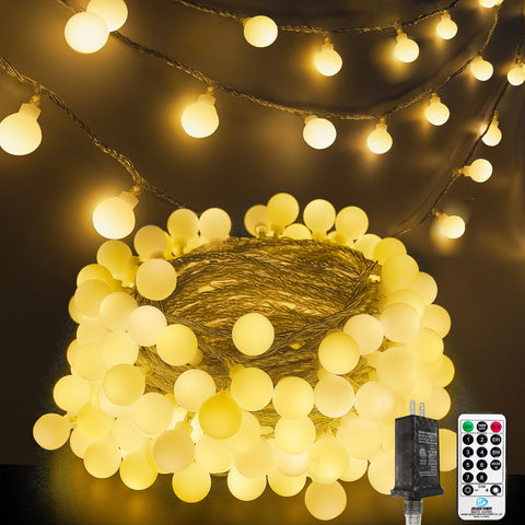 LORRYTE 200LED globe string lights in warm white for cozy bedroom ambience.