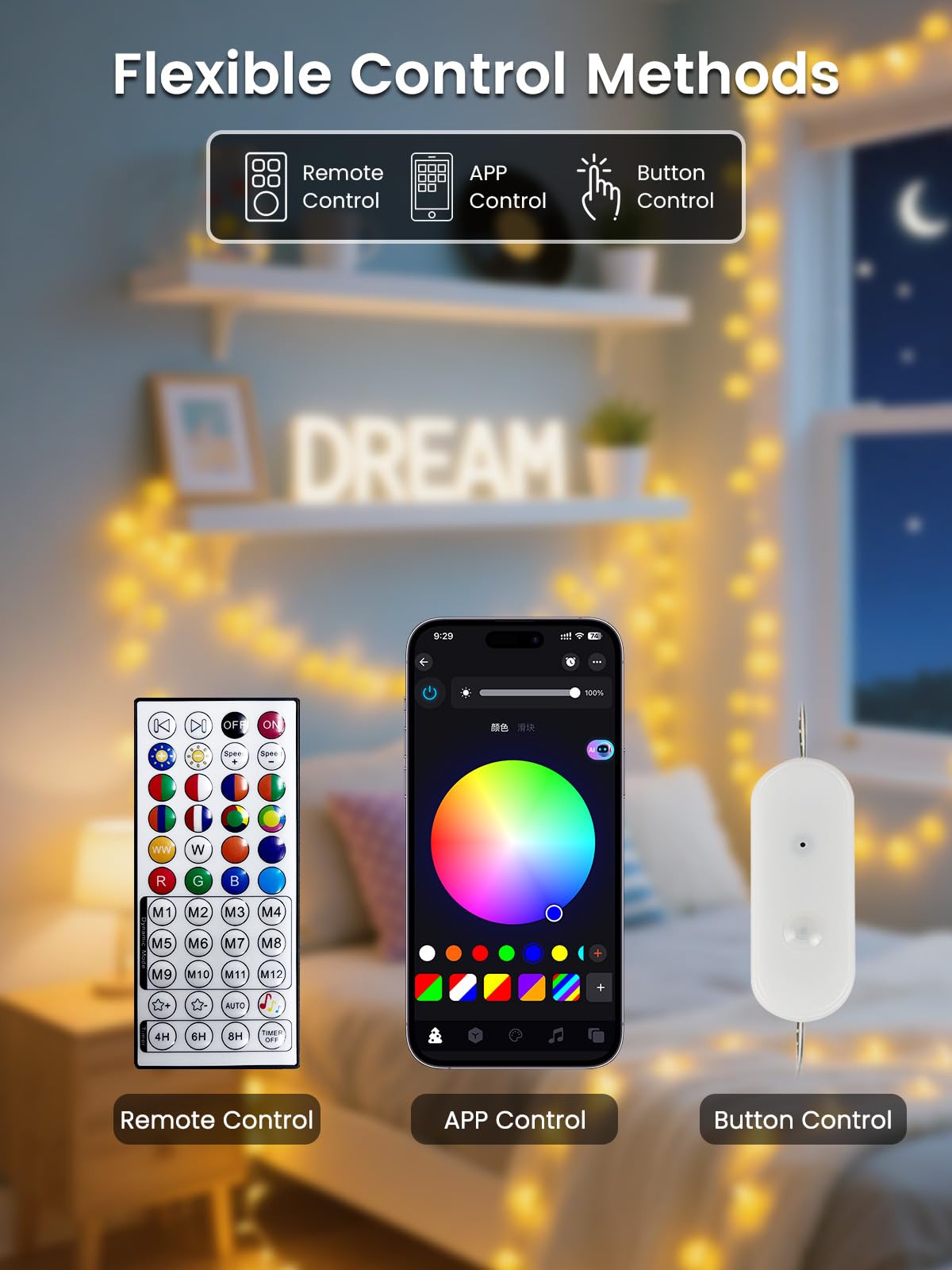 LORRYTE app-controlled string lights setup for versatile mood control.