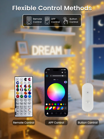 LORRYTE app-controlled string lights setup for versatile mood control.