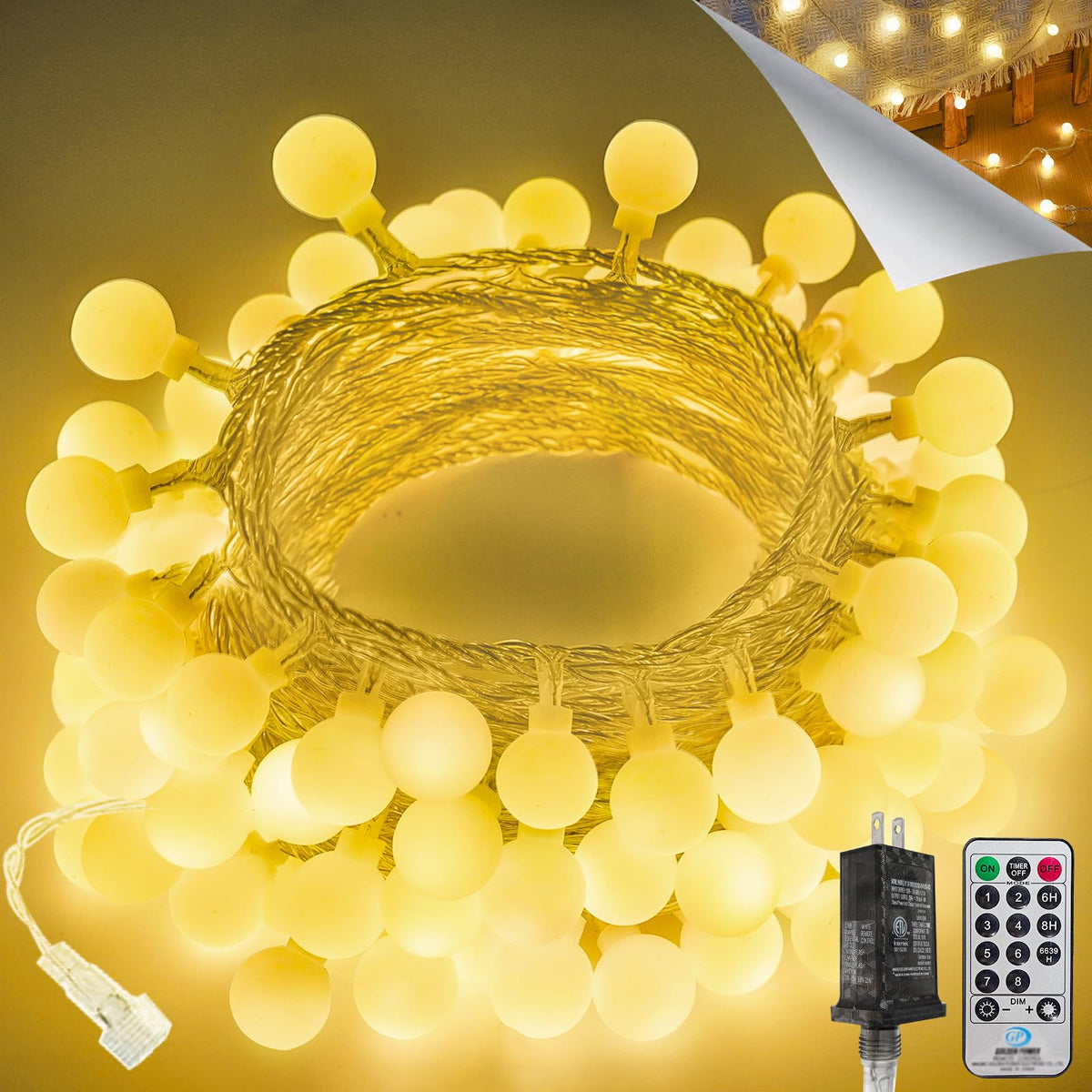 LORRYTE Connectable 43ft globe lights glowing warmly across a living room.
