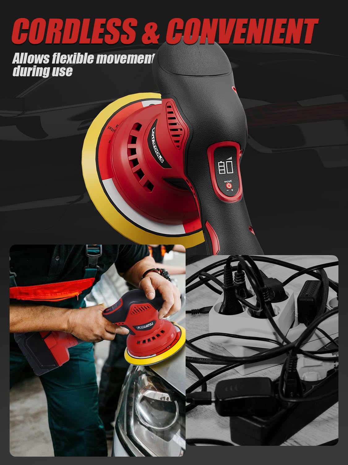 LotaTools cordless buffer in a compact design for easy handling in tight spaces