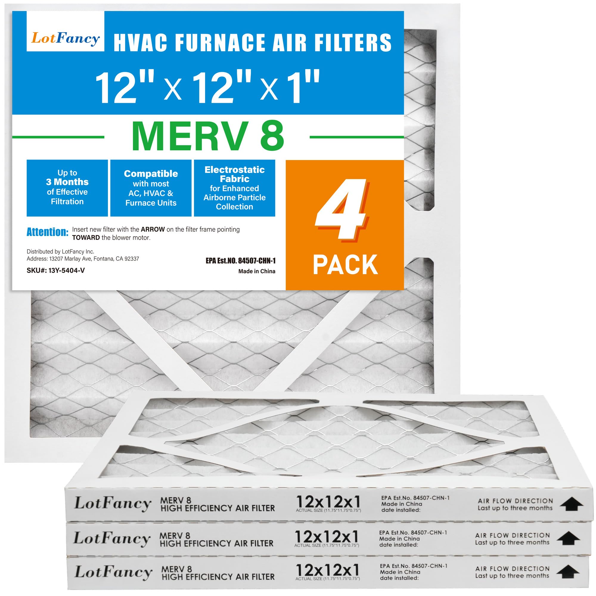 LotFancy 12x12x1 air filter in a 4-pack, with MERV 8 filtration for dust capture.
