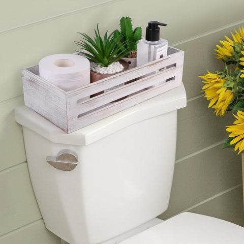LotFancy toilet tank topper displayed on the tank adds rustic organization.