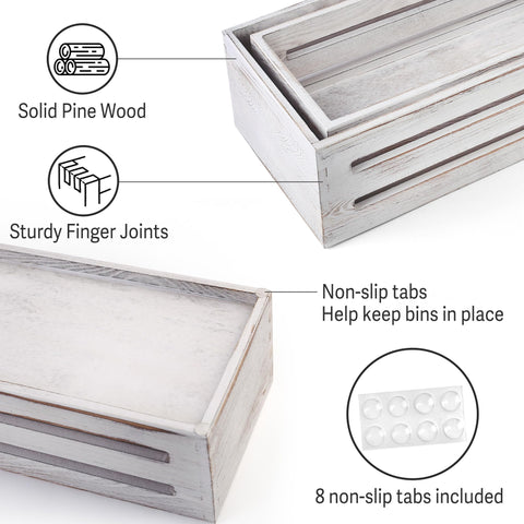 LotFancy whitewash wood texture highlights farmhouse charm on the bathroom shelf.
