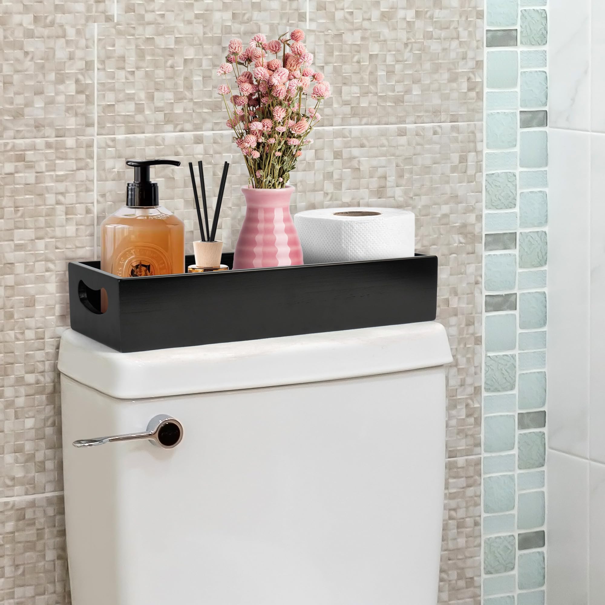 LotFancy bathroom-tray-counter neatly holds jewelry and small vanity items.