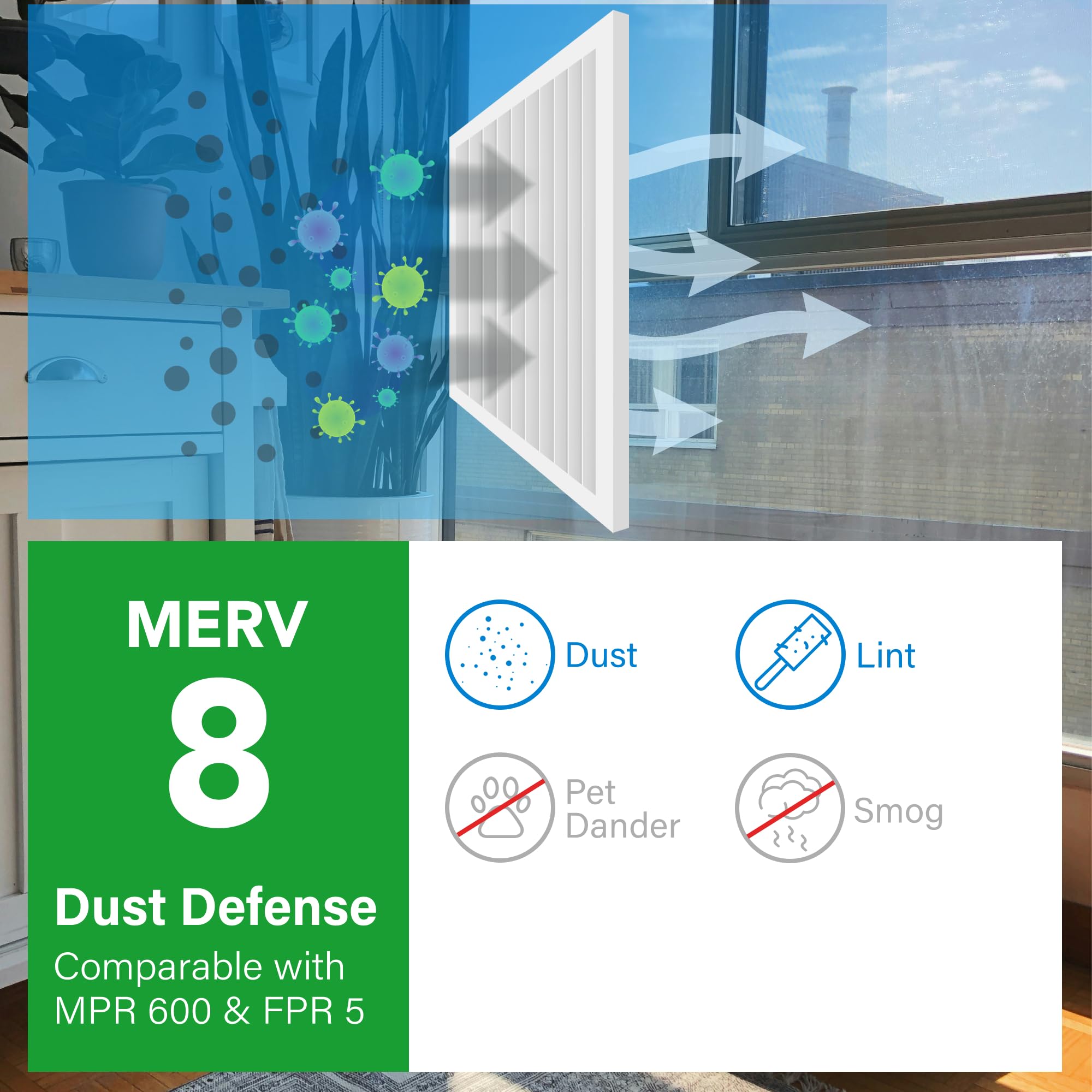 LotFancy captures dust and pollen using MERV 8 filtration for cleaner air.
