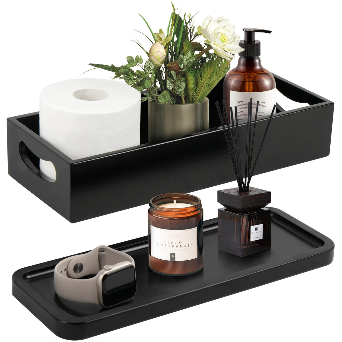 LotFancy toilet-tank-basket in pine finish keeps essentials organized.