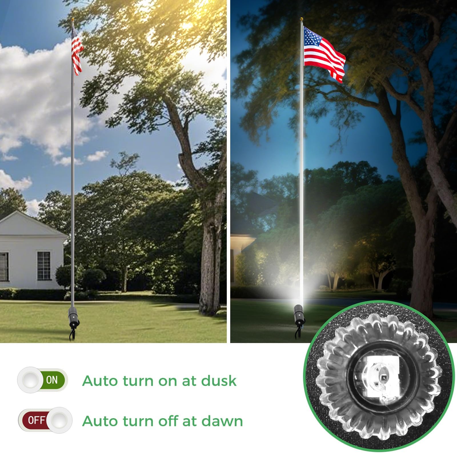 LOTMOS 30W LED spotlight at dusk-to-dawn sensor enhances exterior visibility.