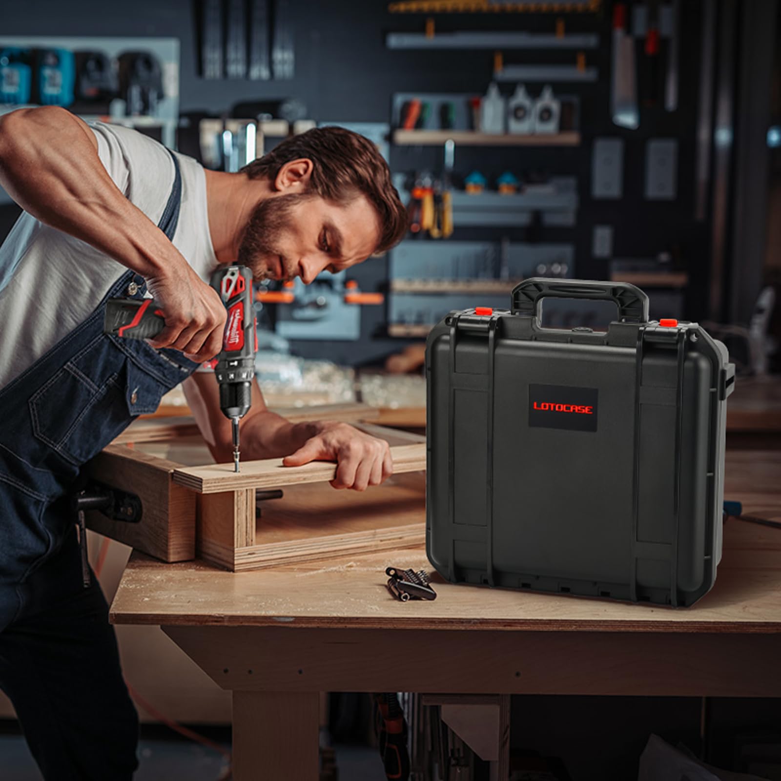 LOTOCASE large capacity storage fits drills, batteries, and chargers securely.
